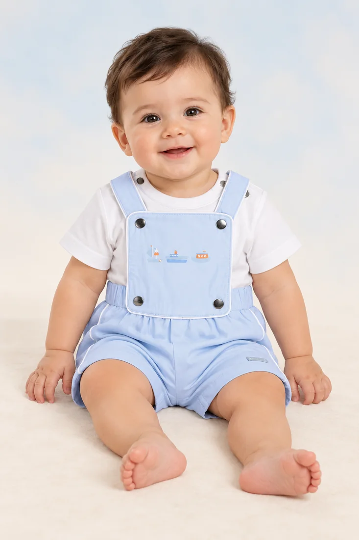 Baby wearing a blue Kito Mito dungaree outfit