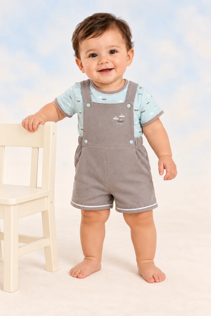 Toddler wearing a grey Kito Mito dungaree outfit