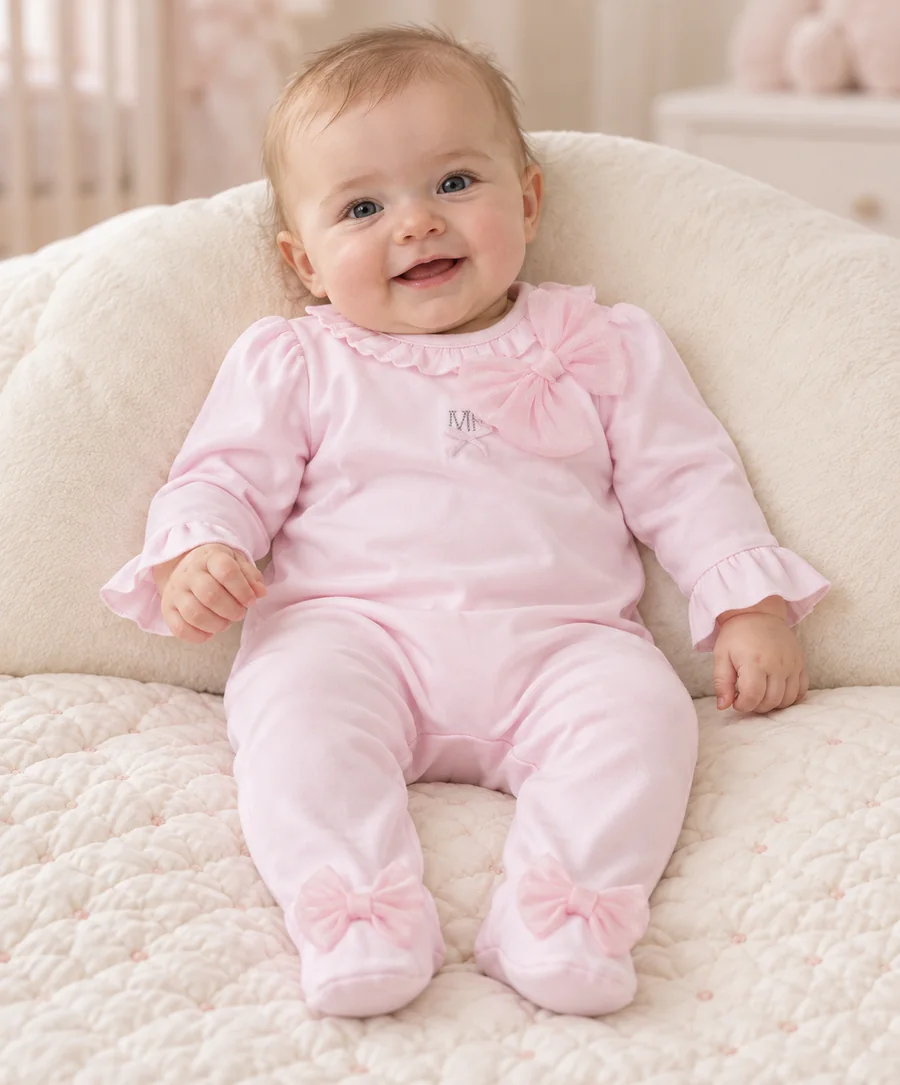 Baby wearing a pink Kito Mito romper